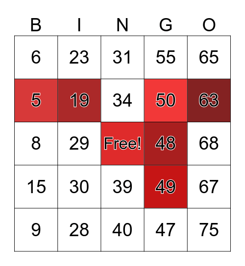 Number Bingo 1-75 Bingo Card