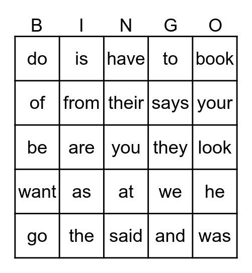Sight Word Bingo Card