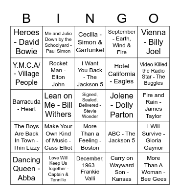 70's Bingo Card