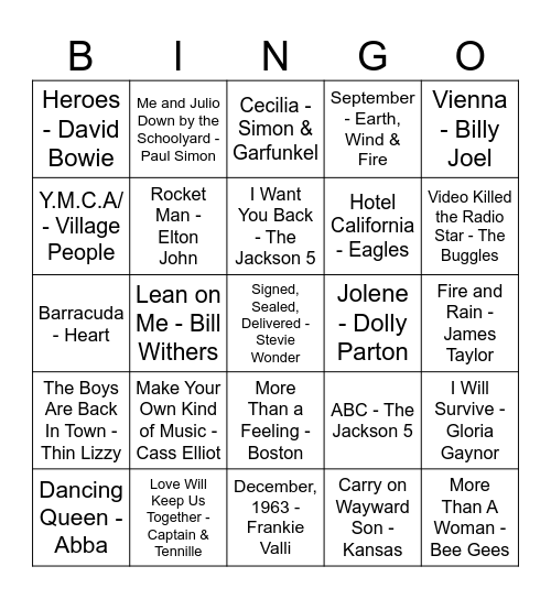 70's Bingo Card