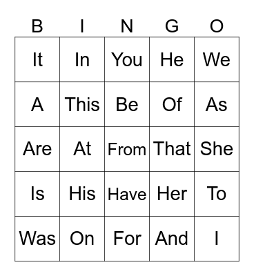 Sight Words Bingo Card