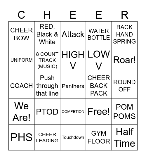 CHEERLEADER BINGO Card