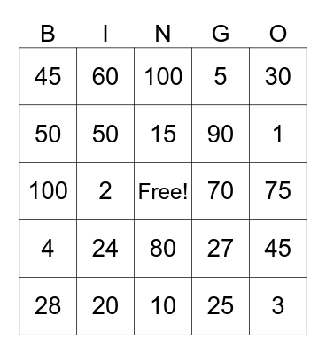 Multiplication Bingo Card