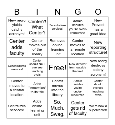 Center Reorganization Bingo Card