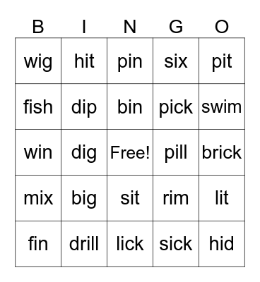 Short /i/ Bingo Card