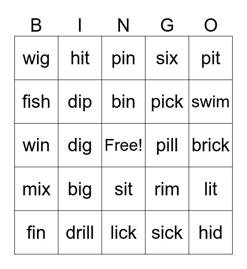 Short /i/ Bingo Card