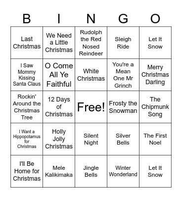 Holiday Songs Bingo Card