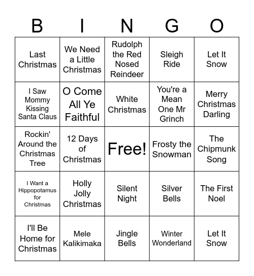 Holiday Songs Bingo Card