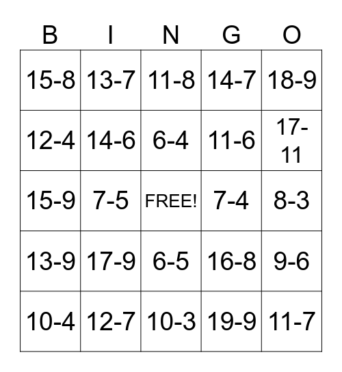 Subtraction Facts Bingo Card