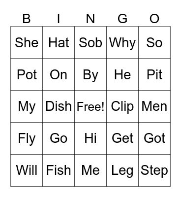 Open and Closed Syllables Bingo Card