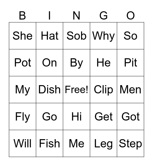 Open and Closed Syllables Bingo Card