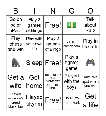 Boys only Bingo Card