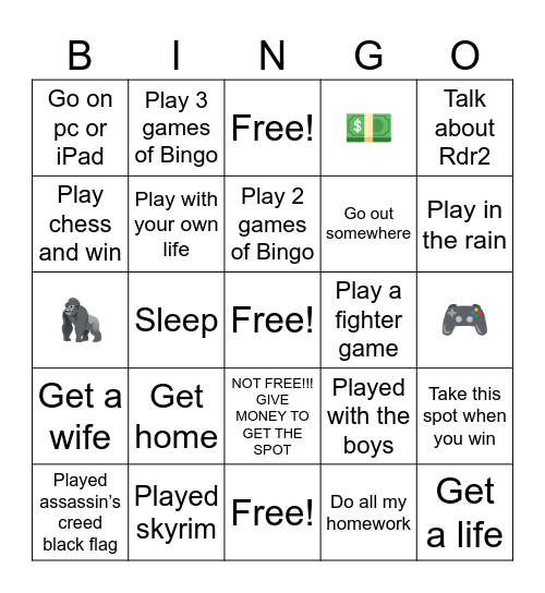 Boys only Bingo Card