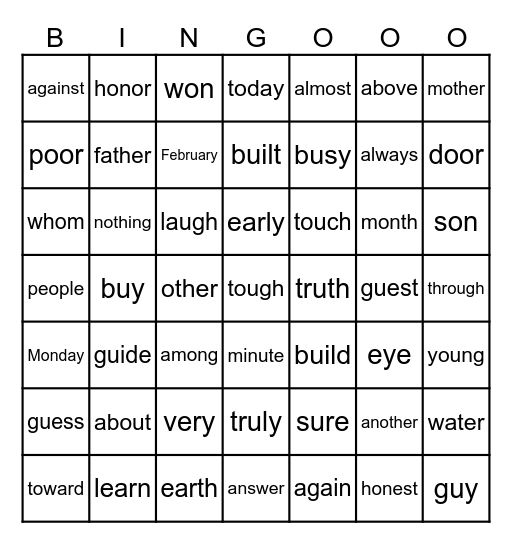 Heart words 128-60s Bingo Card