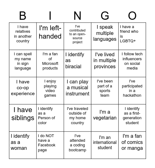 Identity Bingo Card