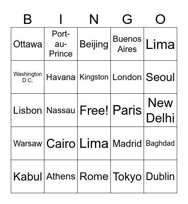Country Capitals Bingo Card