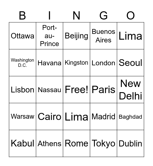 Country Capitals Bingo Card