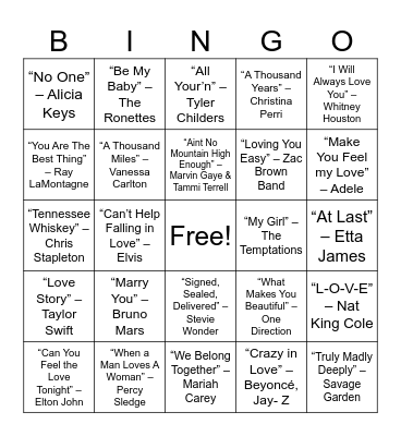 Music Bingo - Love Songs Bingo Card