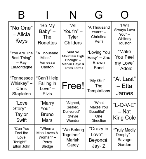 Music Bingo - Love Songs Bingo Card