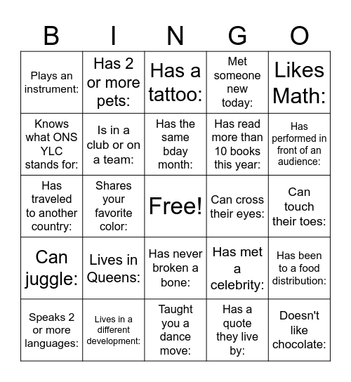 ONS YLC Summit Networking Bingo Card