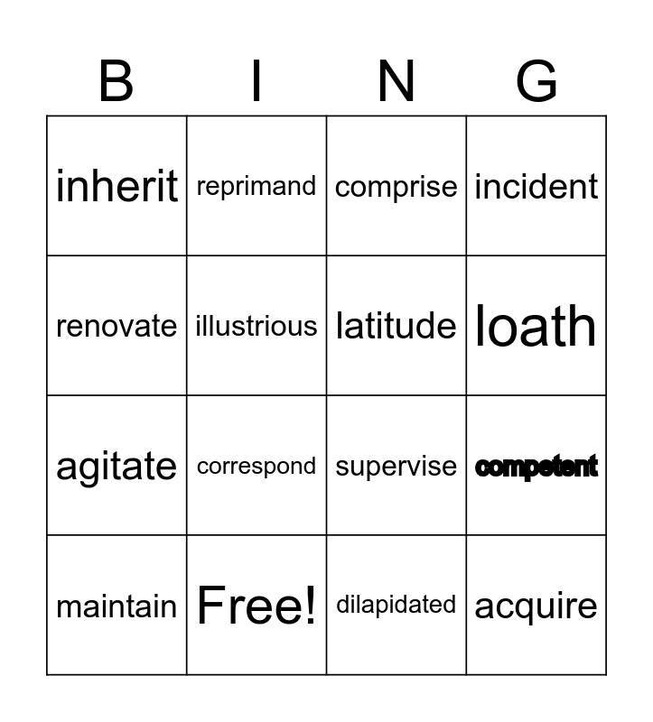 Vocabulary Bingo Lesson 4 Bingo Card