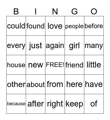 First Grade Word Wall  Bingo Card
