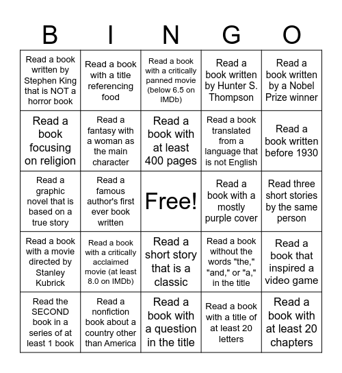 Winter Reading Challenge (HARD) Bingo Card