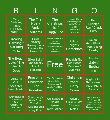 PureRed Holiday Song Bingo Card