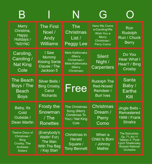 PureRed Holiday Song Bingo Card