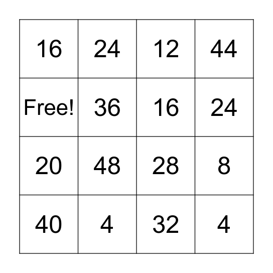 4s Multiplication Family Bingo Card