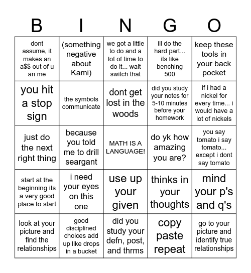 Math Bingo Card
