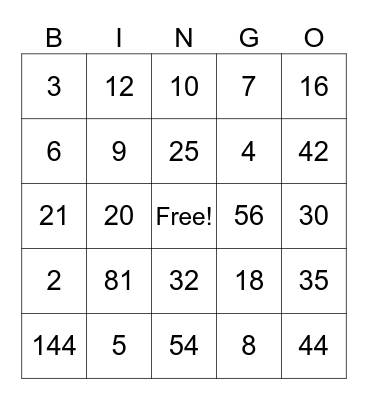 Multiplication and Division Bingo Card