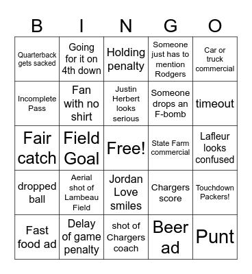 Packers versus Chargers! Bingo Card