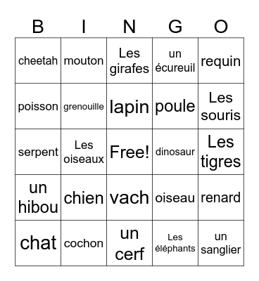 Les animaux - Marshall Bingo Card