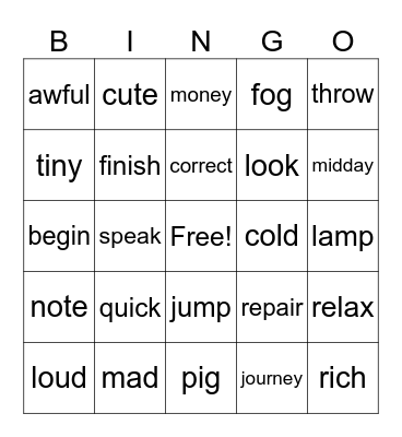 Synonym #2 Bingo Card