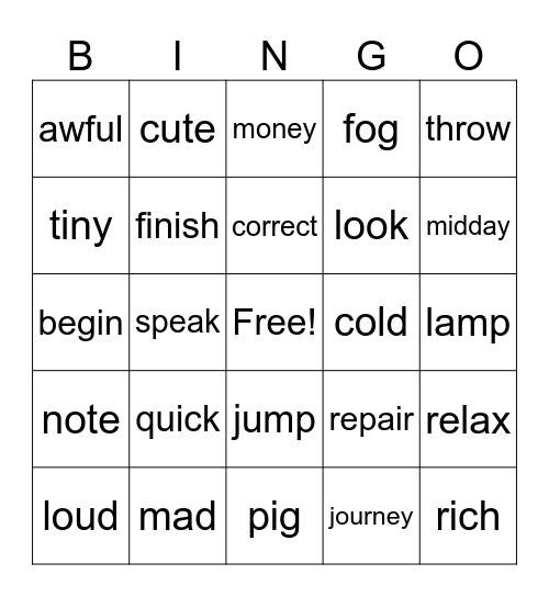 Synonym #2 Bingo Card