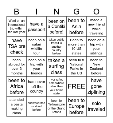 Contiki Bingo Card