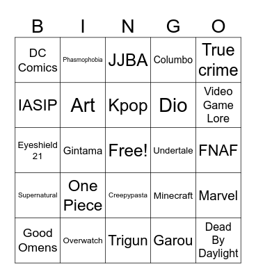Fatima Hyperfixations Bingo Card
