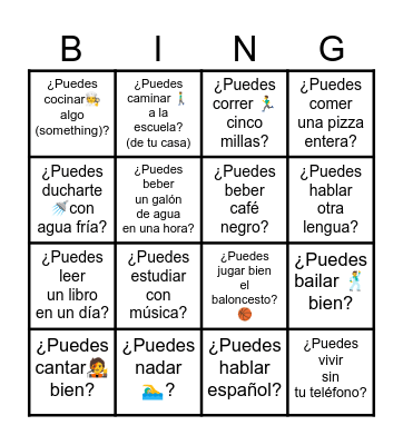 Ch. 7.3-¿Tú puedes...? Can you...? Bingo Card