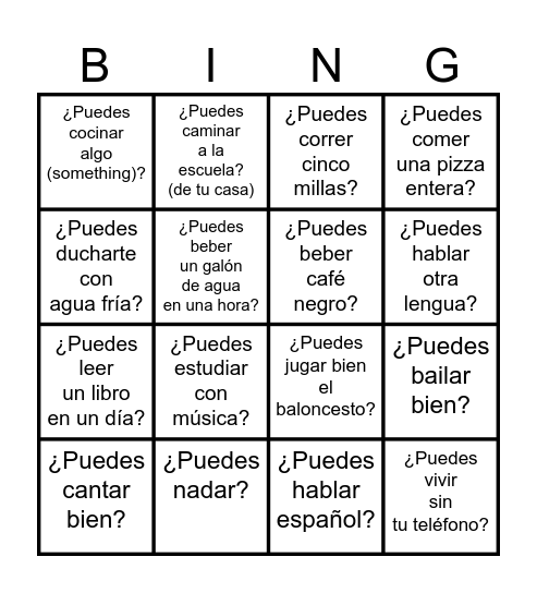 Ch. 7.3 -- ¿Tú puedes...?  Can you...? Bingo Card