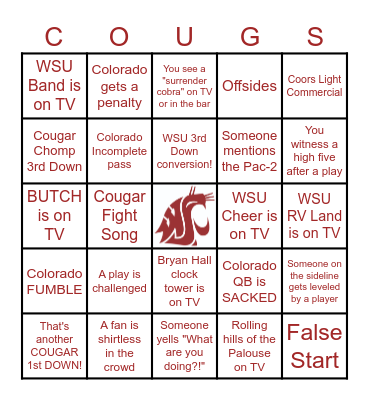 Cougar Football Bingo Card