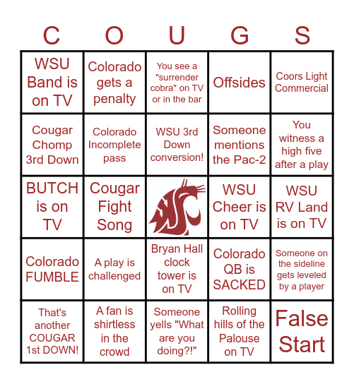 Cougar Football Bingo Card