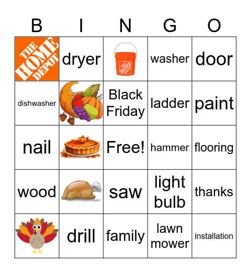 Home Depot Thanksgiving Bingo Card