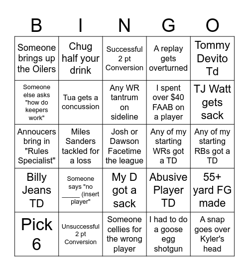 Blind Pigskin Bingo Card