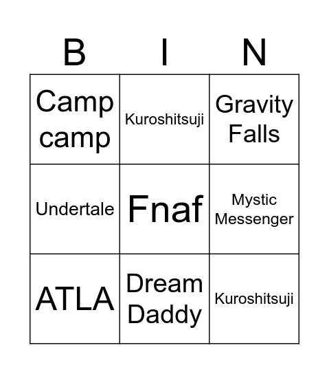 My early teenage years fandoms Bingo Card