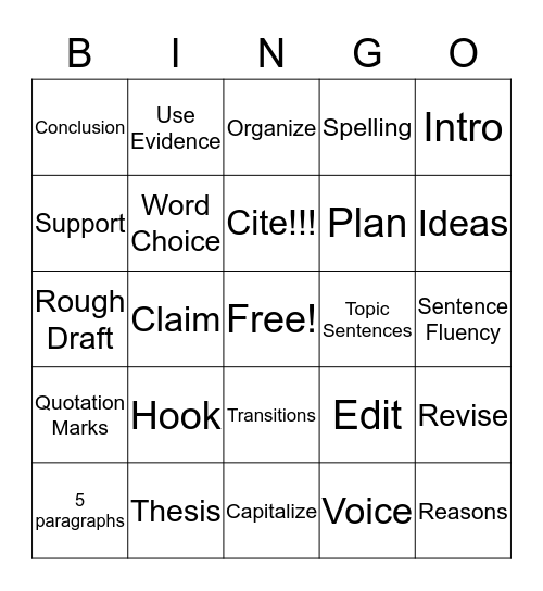 Writing Bingo Card