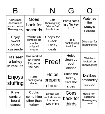 Team Rachel Thanksgiving Bingo Card