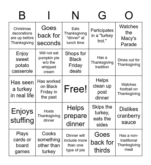 Team Rachel Thanksgiving Bingo Card