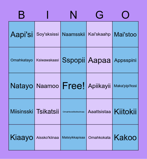 Blackfoot Animal Bingo Card