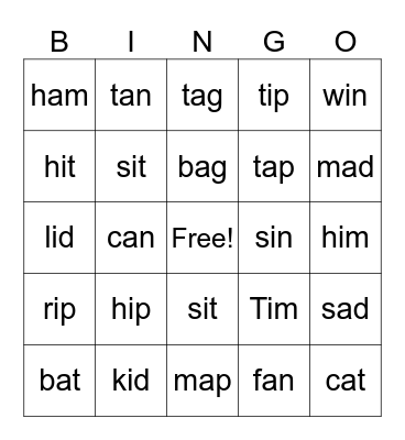 Short I & A Bingo Card